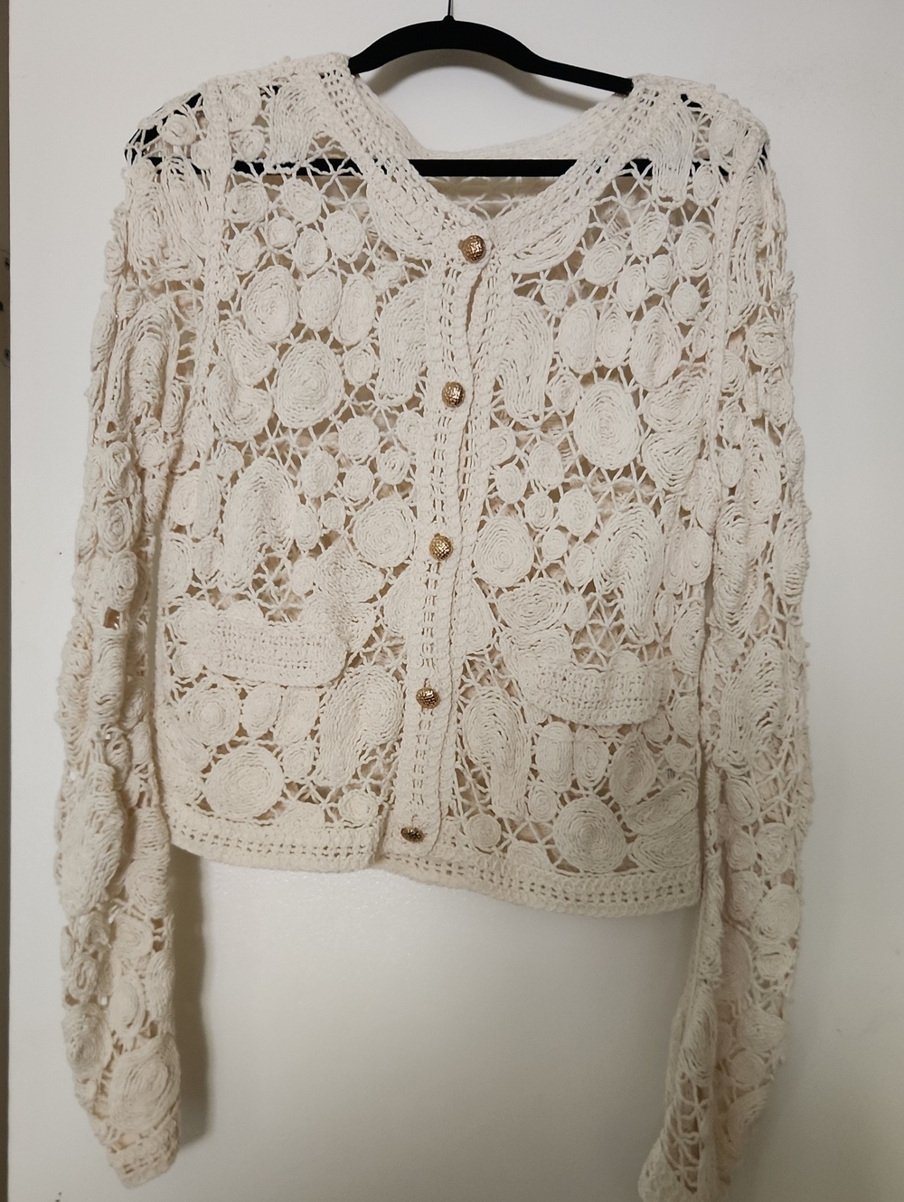 Openwork Crochet Button-Front Cardigan in Cream with Gold Buttons